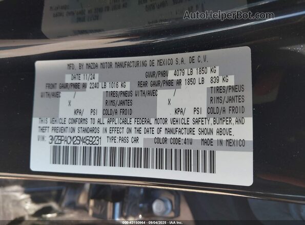 3MZBPACM2SM459231 2025 MAZDA 3 Black Вид підкапотного простору