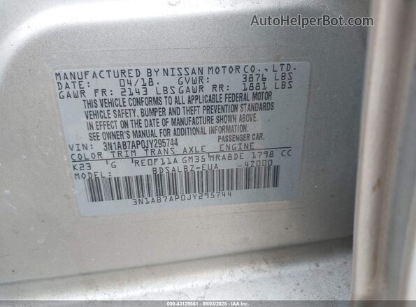 3N1AB7AP0JY295744 2018 NISSAN SENTRA Серебряный 