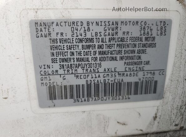 3N1AB7AP0JY301316 2018 NISSAN SENTRA White Շարժիչի բաժամունքի տեսք