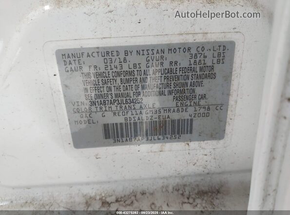 3N1AB7AP3JL634252 2018 NISSAN SENTRA White 