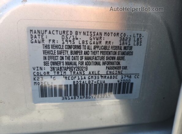 3N1AB7AP8GY283219 2016 NISSAN SENTRA Silver Вид підкапотного простору