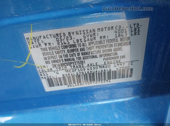 3N1AB8CV0PY275391 2023 NISSAN SENTRA Blue Շարժիչի բաժամունքի տեսք