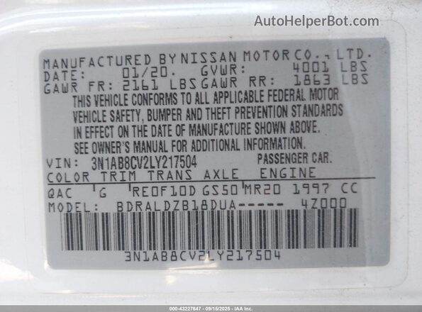 3N1AB8CV2LY217504 2020 NISSAN SENTRA Белый Вид подкапотного пространства