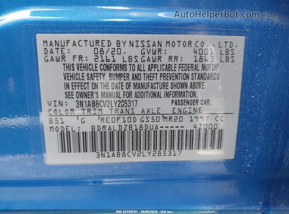 3N1AB8CV2LY285317 2020 NISSAN SENTRA Blue Engine compartment view