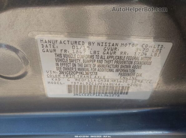 3N1CE2CP1KL361278 2019 NISSAN VERSA NOTE Gray Widok komory silnika