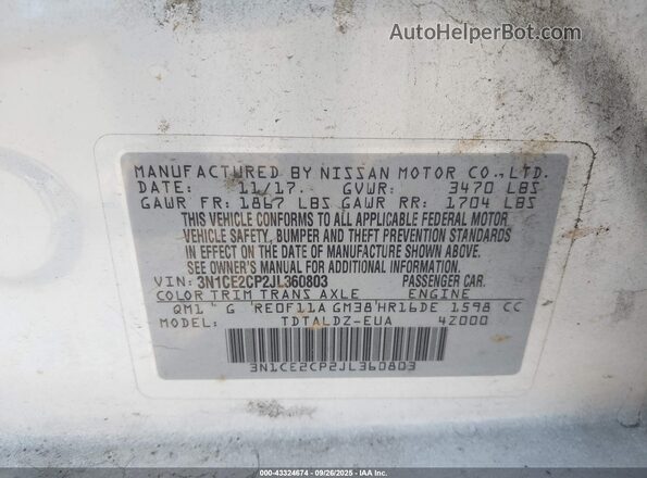 3N1CE2CP2JL360803 2018 NISSAN VERSA NOTE White Engine compartment view