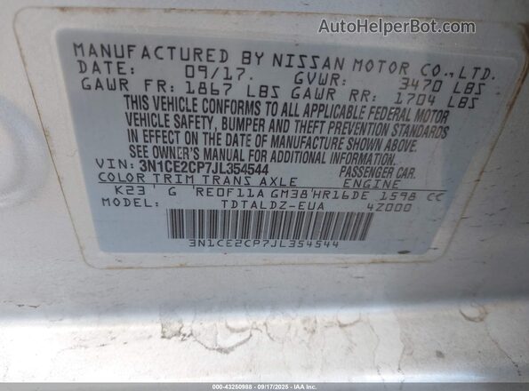 3N1CE2CP7JL354544 2018 NISSAN VERSA NOTE Серый Вид подкапотного пространства