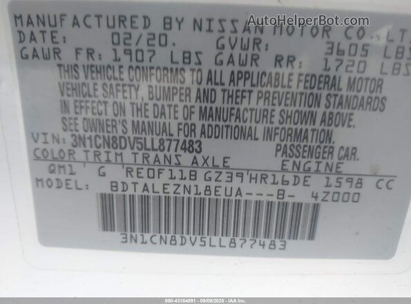 3N1CN8DV5LL877483 2020 NISSAN VERSA White Widok komory silnika