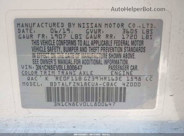 3N1CN8EV0LL800647 2020 NISSAN VERSA White Engine compartment view