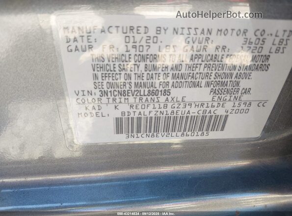 3N1CN8EV2LL860185 2020 NISSAN VERSA Gray Շարժիչի բաժամունքի տեսք