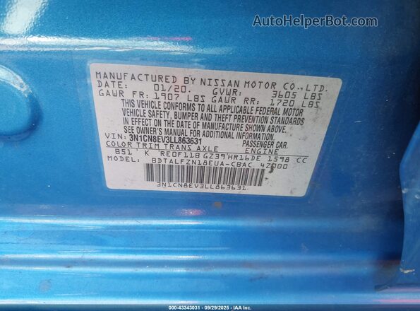 3N1CN8EV3LL863631 2020 NISSAN VERSA Blue Вид підкапотного простору