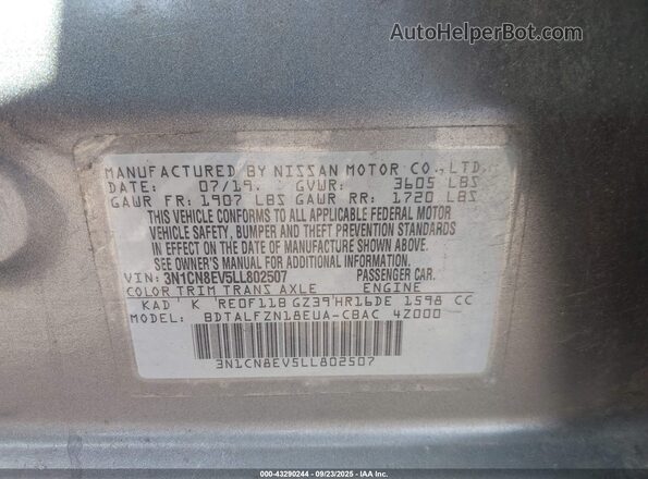 3N1CN8EV5LL802507 2020 NISSAN VERSA Gray Widok komory silnika