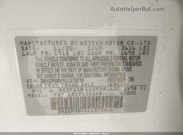 3N1CP5BV1LL570016 2020 NISSAN KICKS White Widok komory silnika