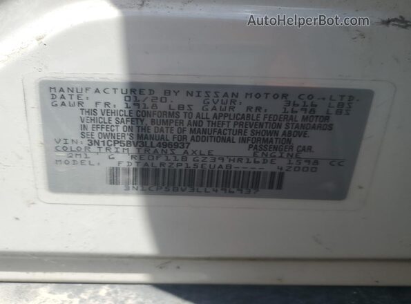 3N1CP5BV3LL496937 2020 NISSAN KICKS White VIN կոդի պիտակի տեսք