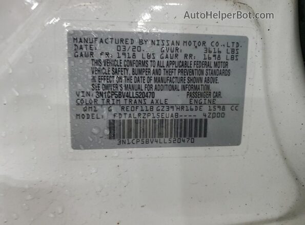 3N1CP5BV4LL520470 2020 NISSAN KICKS White VIN կոդի պիտակի տեսք