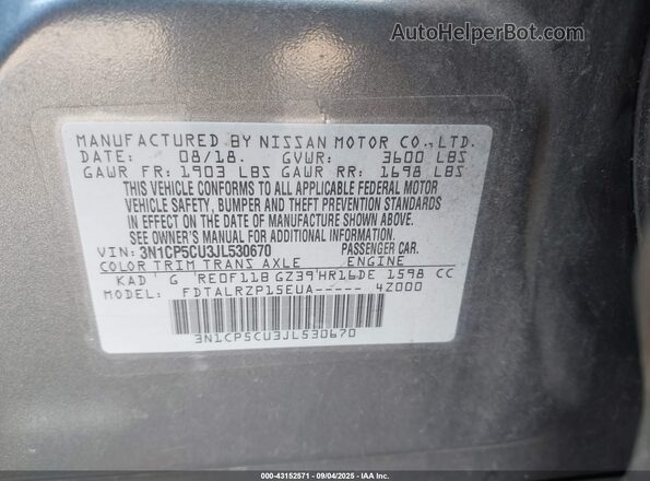 3N1CP5CU3JL530670 2018 NISSAN KICKS Gray 