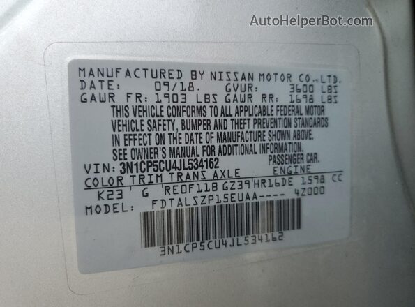 3N1CP5CU4JL534162 2018 NISSAN KICKS Silver 