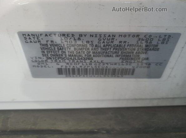 3N1CP5CU4JL543265 2018 NISSAN KICKS White 
