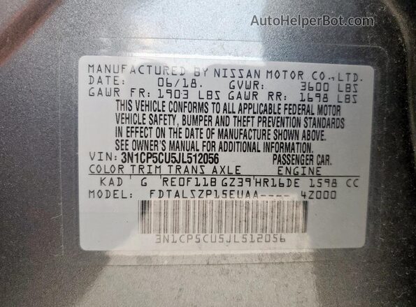 3N1CP5CU5JL512056 2018 NISSAN KICKS Charcoal 