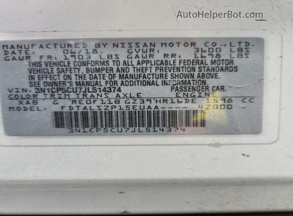 3N1CP5CU7JL514374 2018 NISSAN KICKS White 