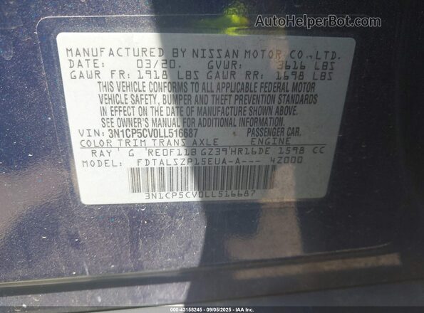 3N1CP5CV0LL516687 2020 NISSAN KICKS Blue Vista del compartimento del motor