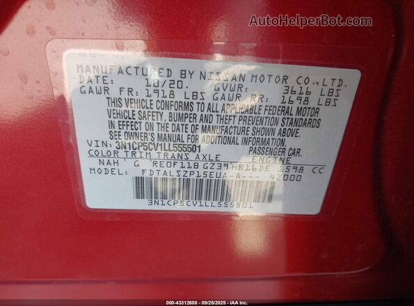 3N1CP5CV1LL555501 2020 NISSAN KICKS Red ძრავის განყოფილების ხედი