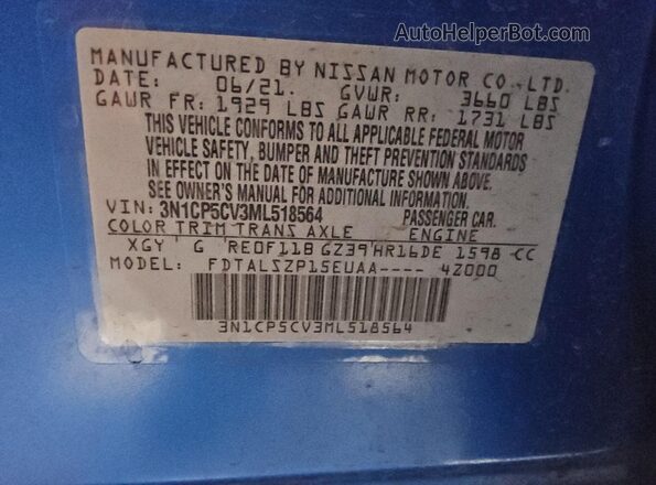 3N1CP5CV3ML518564 2021 NISSAN KICKS Синий 