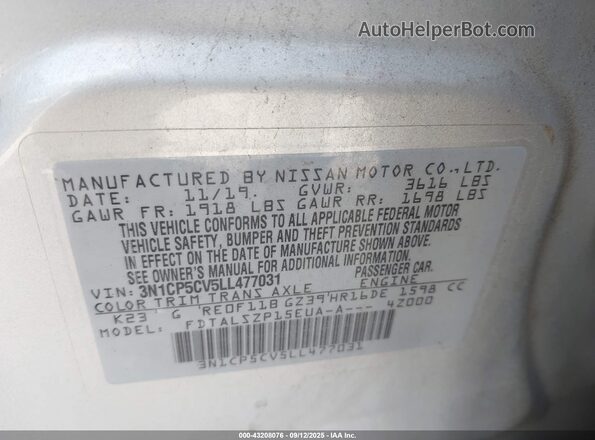 3N1CP5CV5LL477031 2020 NISSAN KICKS White Շարժիչի բաժամունքի տեսք