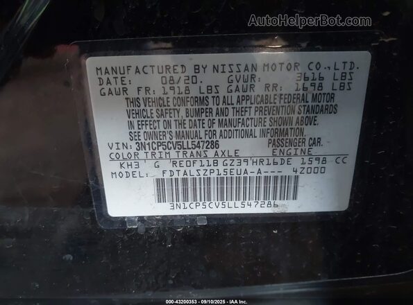 3N1CP5CV5LL547286 2020 NISSAN KICKS Black ძრავის განყოფილების ხედი
