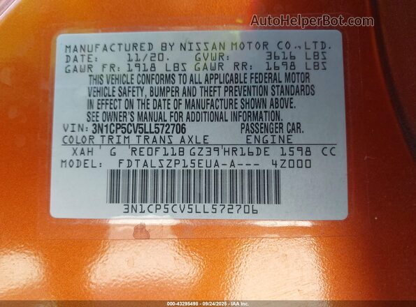 3N1CP5CV5LL572706 2020 NISSAN KICKS Orange Engine compartment view