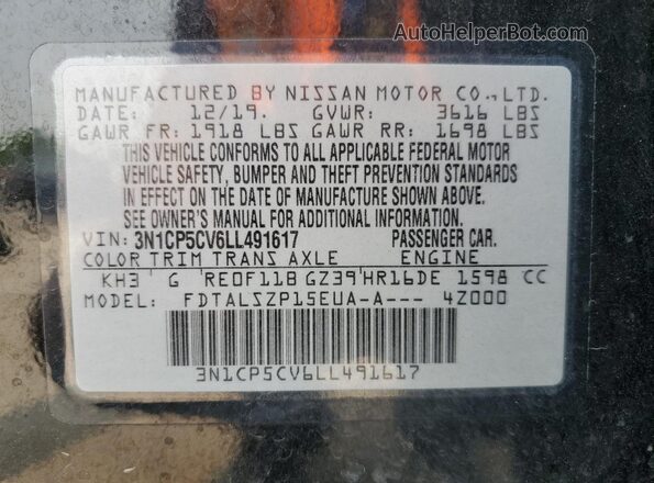3N1CP5CV6LL491617 2020 NISSAN KICKS Black Vista de la etiqueta del VIN