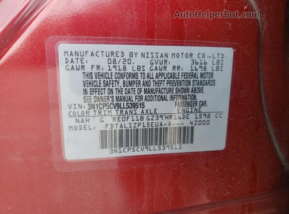 3N1CP5CV9LL539515 2020 NISSAN KICKS Red VIN կոդի պիտակի տեսք