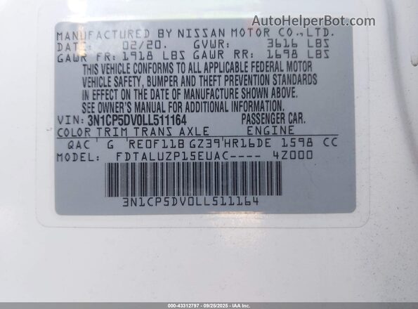 3N1CP5DV0LL511164 2020 NISSAN KICKS White Engine compartment view