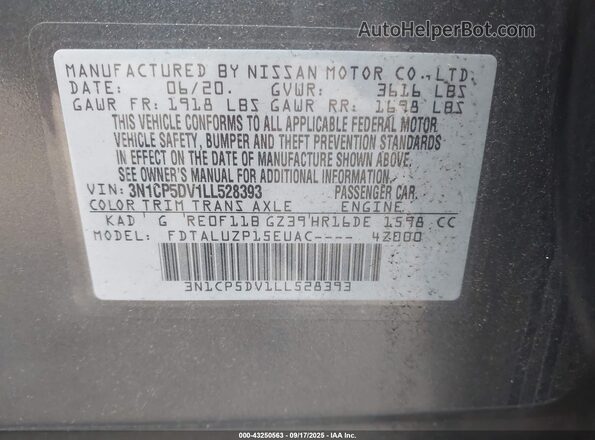 3N1CP5DV1LL528393 2020 NISSAN KICKS Gray Շարժիչի բաժամունքի տեսք
