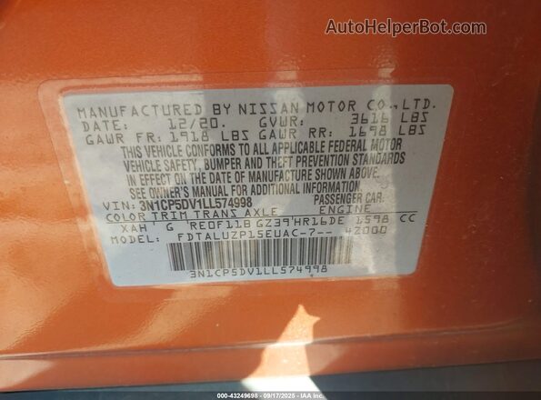 3N1CP5DV1LL574998 2020 NISSAN KICKS Orange Շարժիչի բաժամունքի տեսք
