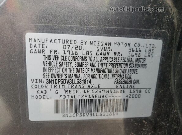 3N1CP5DV3LL531814 2020 NISSAN KICKS Gray VIN կոդի պիտակի տեսք