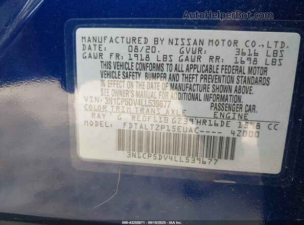 3N1CP5DV4LL539677 2020 NISSAN KICKS Blue Շարժիչի բաժամունքի տեսք