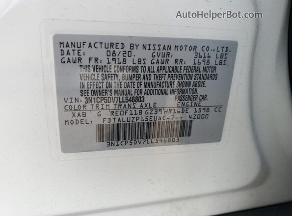 3N1CP5DV7LL546803 2020 NISSAN KICKS White Vista de la etiqueta del VIN