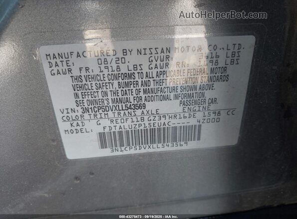 3N1CP5DVXLL543569 2020 NISSAN KICKS Gray Շարժիչի բաժամունքի տեսք