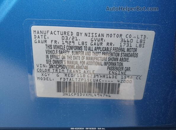 3N1CP5DVXML494746 2021 NISSAN KICKS Blue Engine compartment view