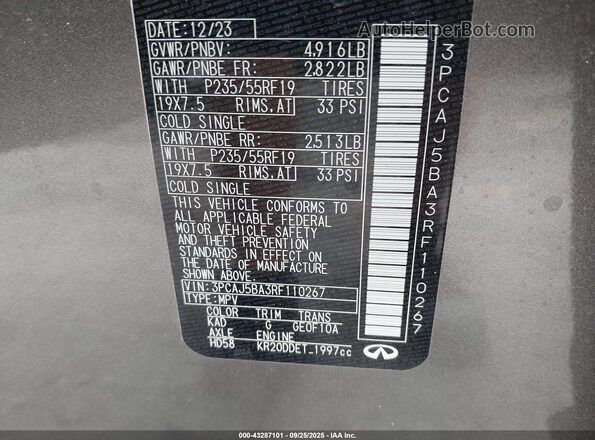 3PCAJ5BA3RF110267 2024 INFINITI QX50 Gray Engine compartment view