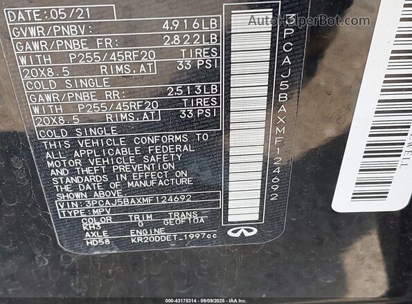 3PCAJ5BAXMF124692 2021 INFINITI QX50 Black ძრავის განყოფილების ხედი