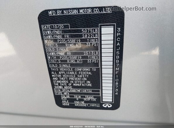 3PCAJ5BB7MF108734 2021 INFINITI QX50 Silver Vista del compartimento del motor