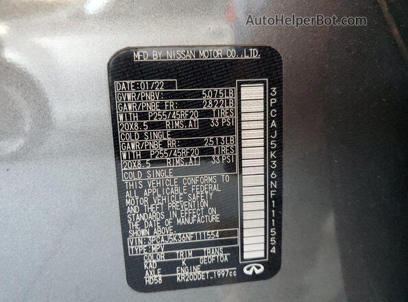 3PCAJ5K36NF111554 2022 INFINITI QX55 Серый 