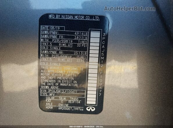 3PCAJ5M12LF100477 2020 INFINITI QX50 Gray Շարժիչի բաժամունքի տեսք