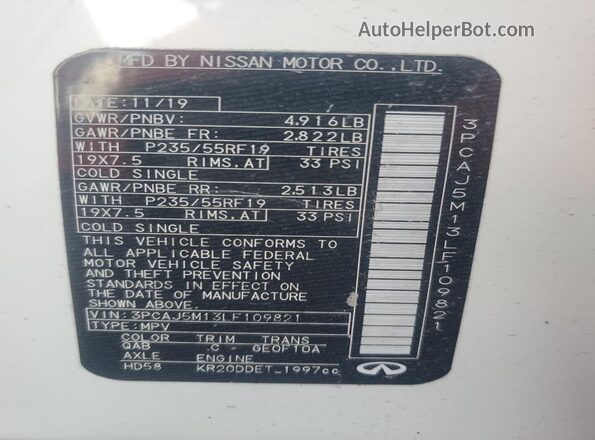 3PCAJ5M13LF109821 2020 INFINITI QX50 White VIN կոդի պիտակի տեսք