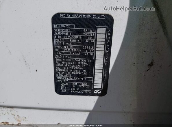 3PCAJ5M17LF117811 2020 INFINITI QX50 White Vista del compartimento del motor