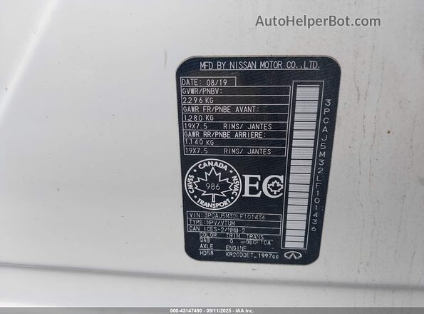 3PCAJ5M32LF101436 2020 INFINITI QX50 White Widok komory silnika