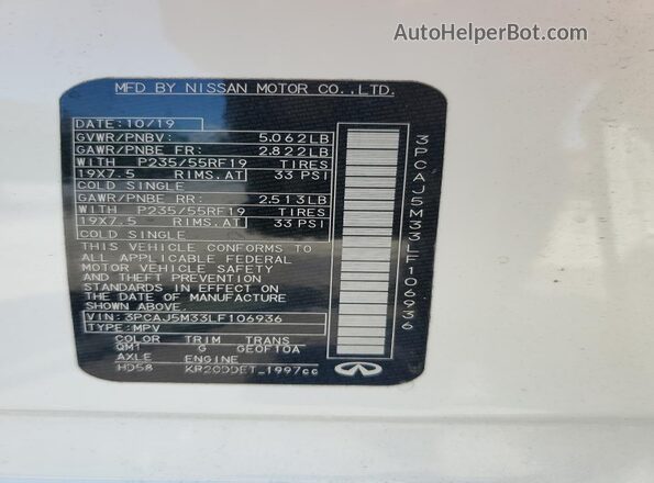 3PCAJ5M33LF106936 2020 INFINITI QX50 White VIN კოდის სტიკერის ხედი