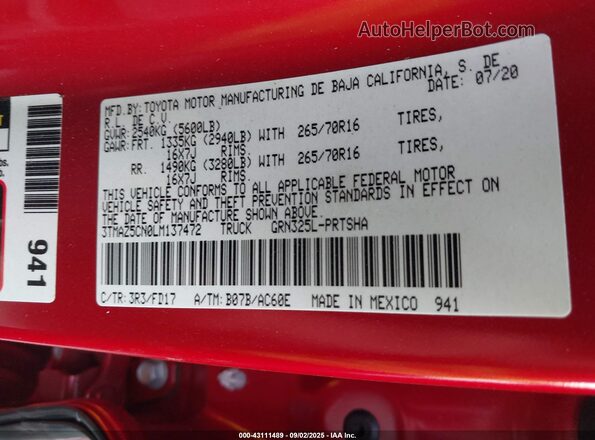3TMAZ5CN0LM137472 2020 TOYOTA TACOMA Red Widok komory silnika